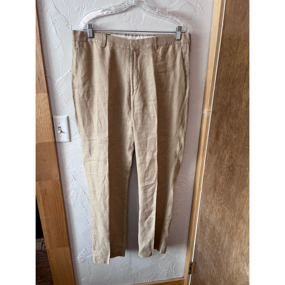 J. Crew Factory Linen-Blend Straight Dress Pants in Tan